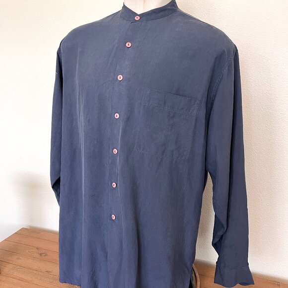 Vintage Nehru Silk Long Sleeve Shirt - Navy - Size XL - I.Magnin - Picture 2 of 8